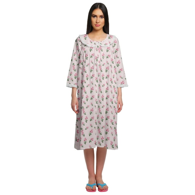 Moomaya Chemise de Nuit en Coton pour Femmes Imprimée Col Rond avec Patte de Boutonnage