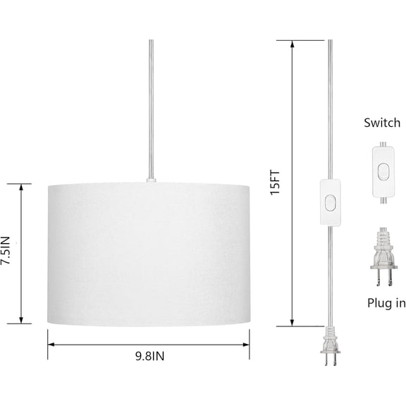 YJYASX-15FT Hanging lamp with Switch,White Hanging Lights with Plug in Cord, Pendant Lamp with Remote ControlPendant Light Fixture for Living Room Bedroom Farmhouse