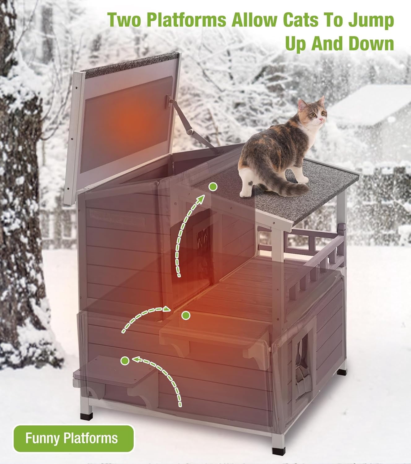 MEDEHOO Insulated Cat House Outdoor for Winter, Wooden Weatherproof Outside Feral Cat Shelter with Liner, Large Balcony, Escape Door, PVC Door Strip, for Outdoor & Indoor