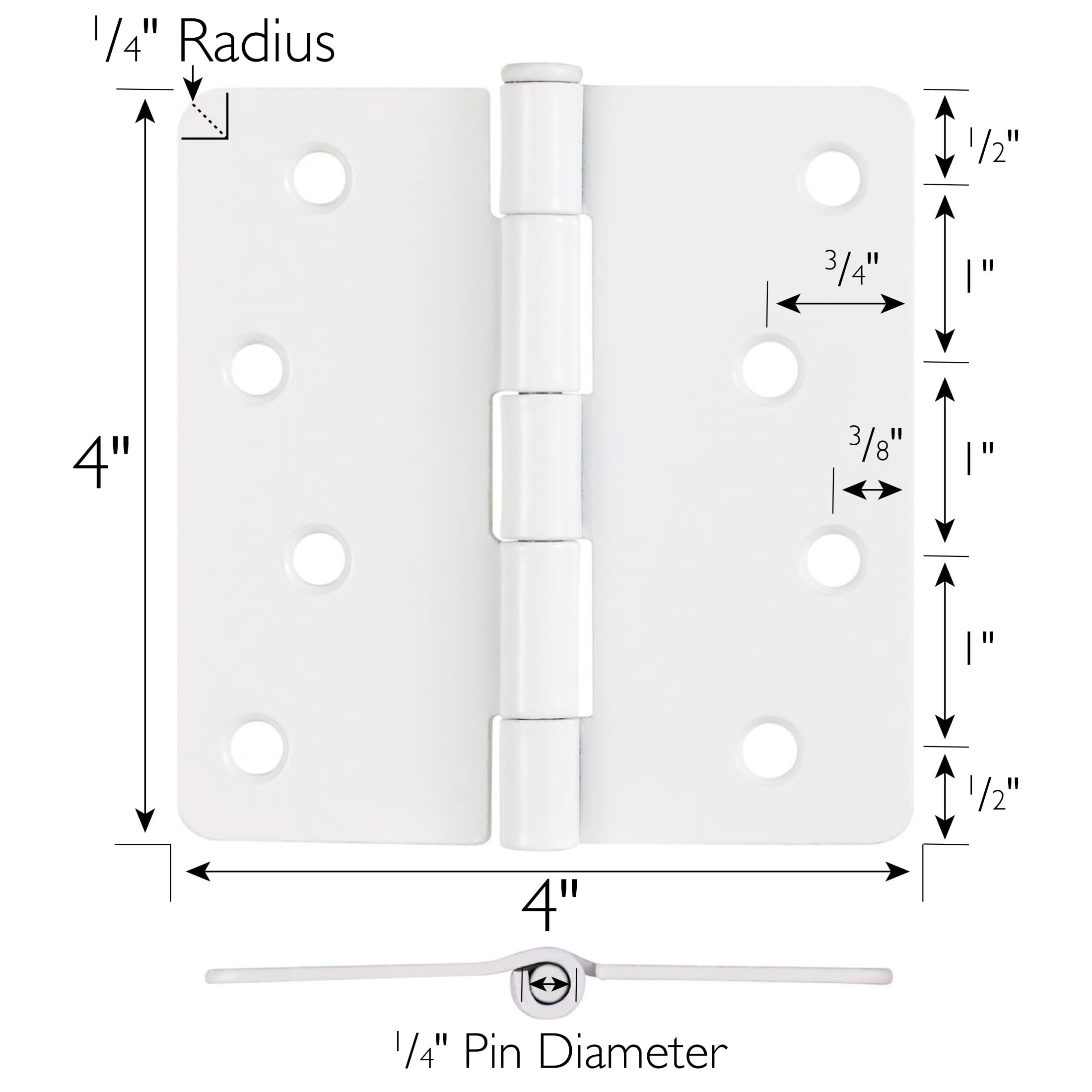 White Steel Plain Bearing Door Hinge with Removable Pin, 4 x 4 in. 1/4 in. Radius, 3-Pack