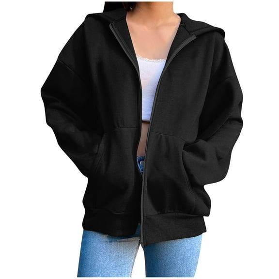 Hooded Sweatshirts Womens Oversized Hoodies Fleece Sweatshirts Long Sleeve Zipper-Neck Sweaters Pullover Fall Outfits with Pocket Solid Color Full Zip Up Jacket Trendy Travel Jacket