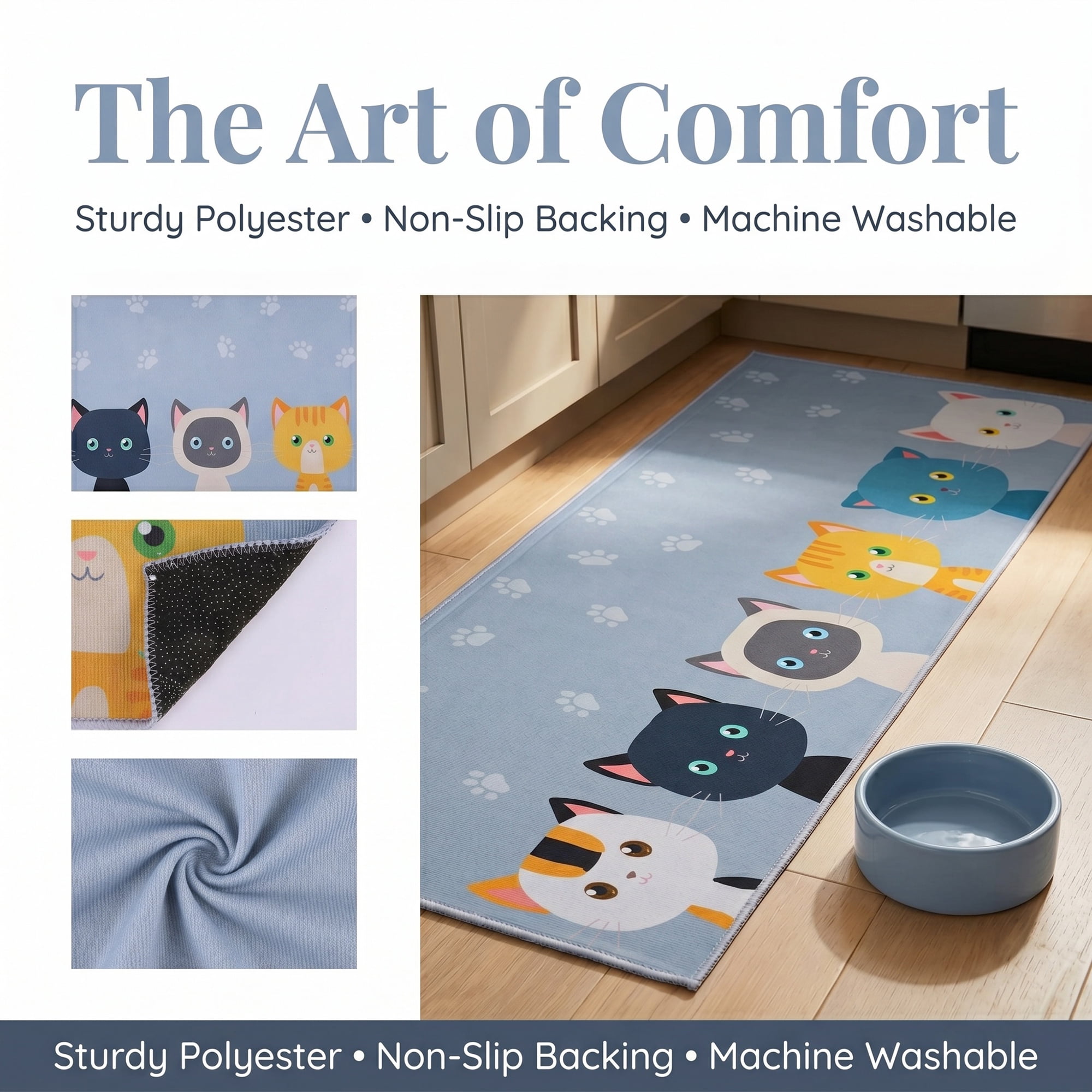 Unique Bargains Non Slip Cat Floral Printed Kitchen Rugs and Mats Blue 31"x20"+47"x20"