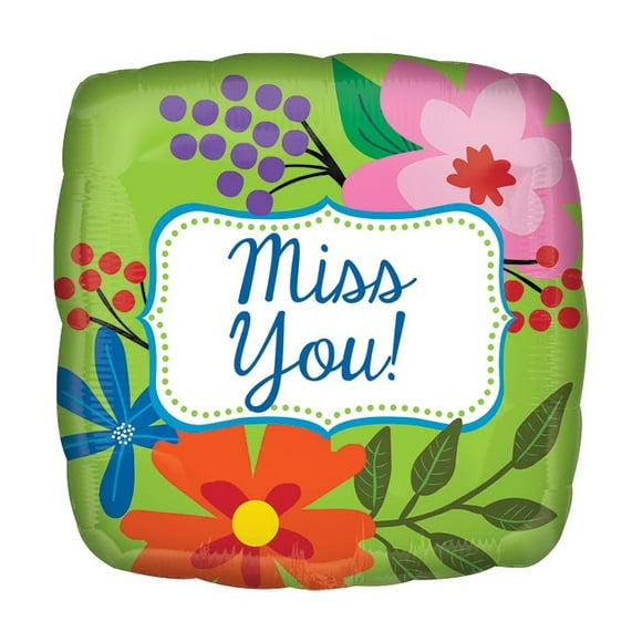 18" Foil Miss You Green Floral Balloon