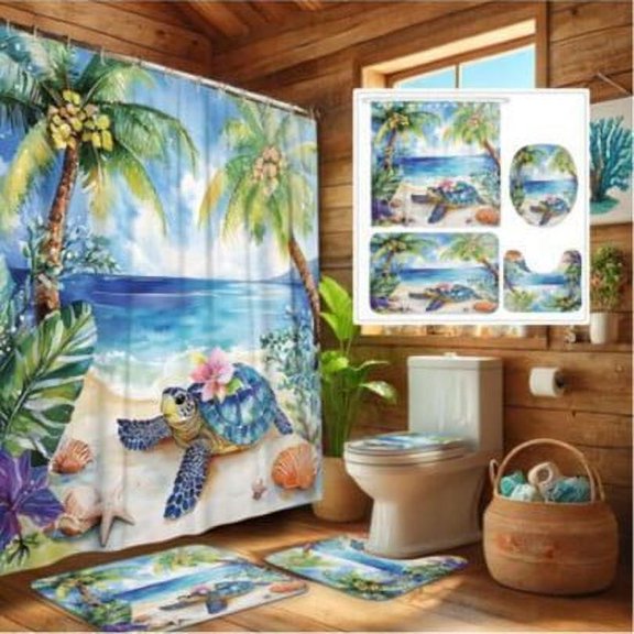 4-piece Set of Blue and Gold Mosaic Shower Curtain Set Sunny Day Happy Colorful Shower Curtain