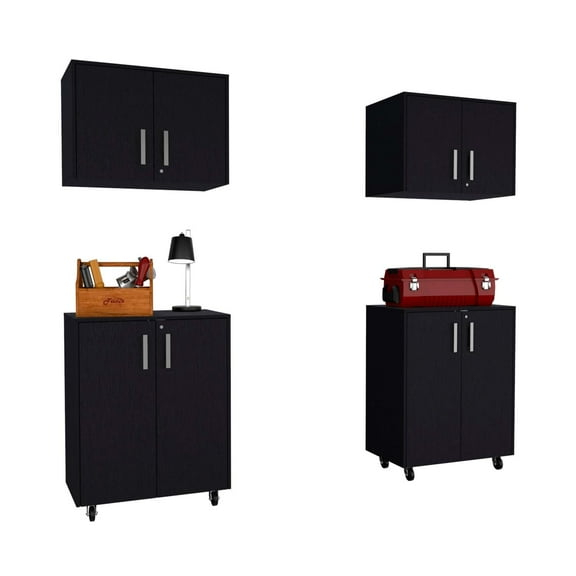Melrose 4 Piece Garage Set, 2 Storage Wall Cabinets   2 Storage Cabinets, Black