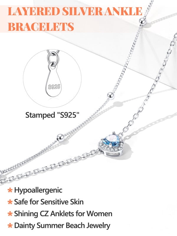 Silvora Birhstone Ankle Bracelets for Women 925 Sterling Silver Layered Waterproof Anklets Beaded Chain Heart Gemstone Summer Beach Trendy Jewelry Birthday/Mothers Gift, March