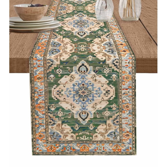 Boho Table Runner 72 Inches, Green Brown Ethnic Tribe Abstract Vintage Western Bed Runner Dresser Scarves Tabletop for Indoor Outdoor Parties/Ceremony/Banquet, 13" x 72"