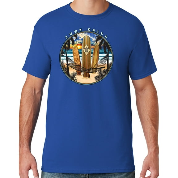 Mens Manu Bay Surf Company JUST CHILL SURFING T-shirt, Large Royal Blue