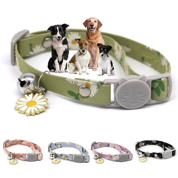Walbest Dog Cat Collar, Breakaway Adjustable Floral Pattern Polyester Collars with Bell for Pet Cats Dogs Puppy Kitten