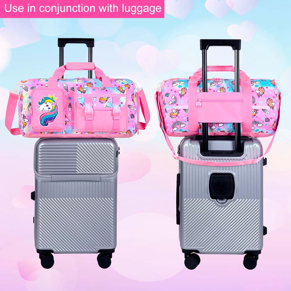 Kids Travel Duffle Bag for Girls with Shoe Compartment, A Sports Gym Weekender Overnight Sleepover Bag for Toddler Little Kid - Pink Unicorn
