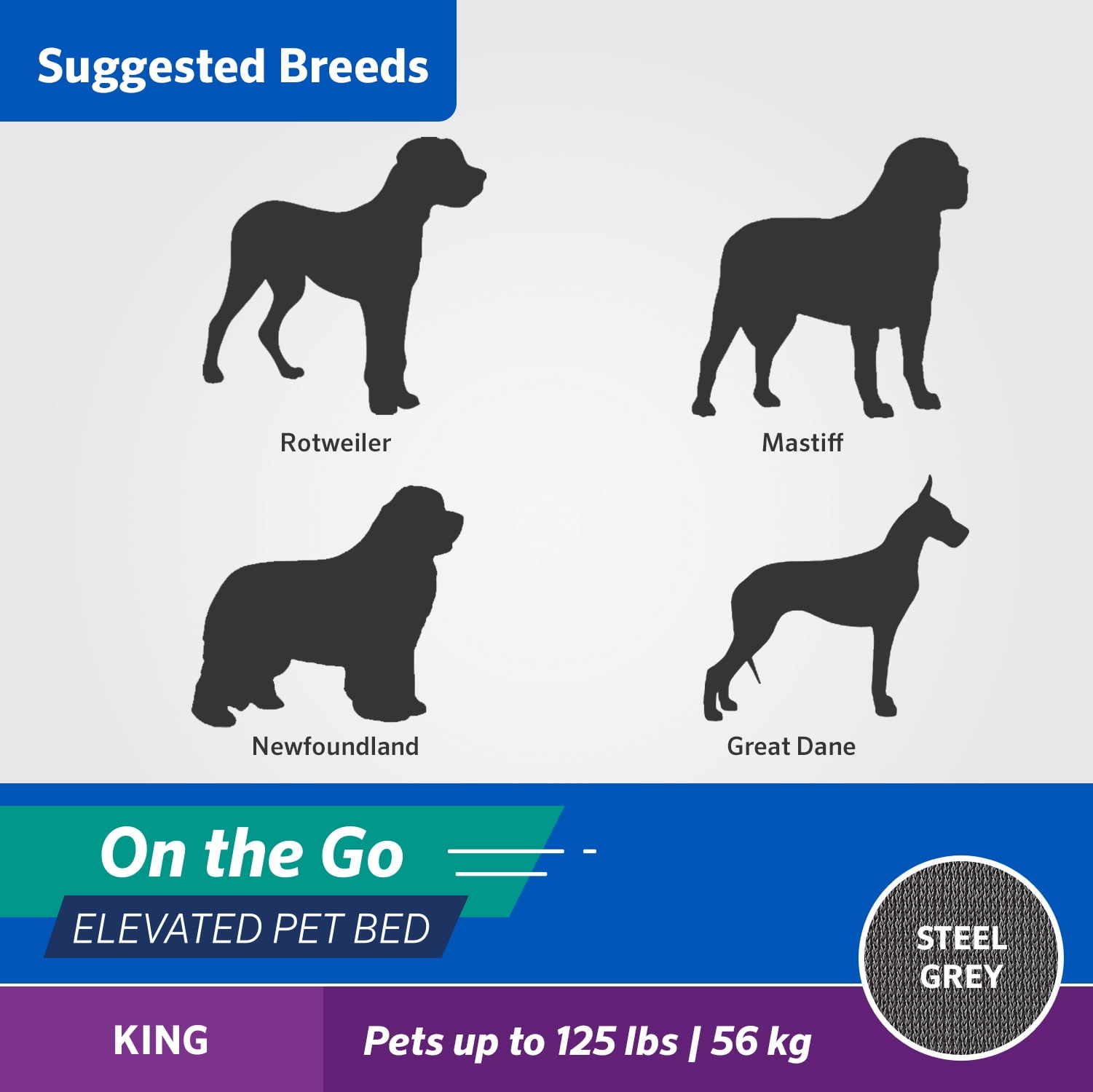 Coolaroo on the go elevated travel Dog bed, King, Steel Gray