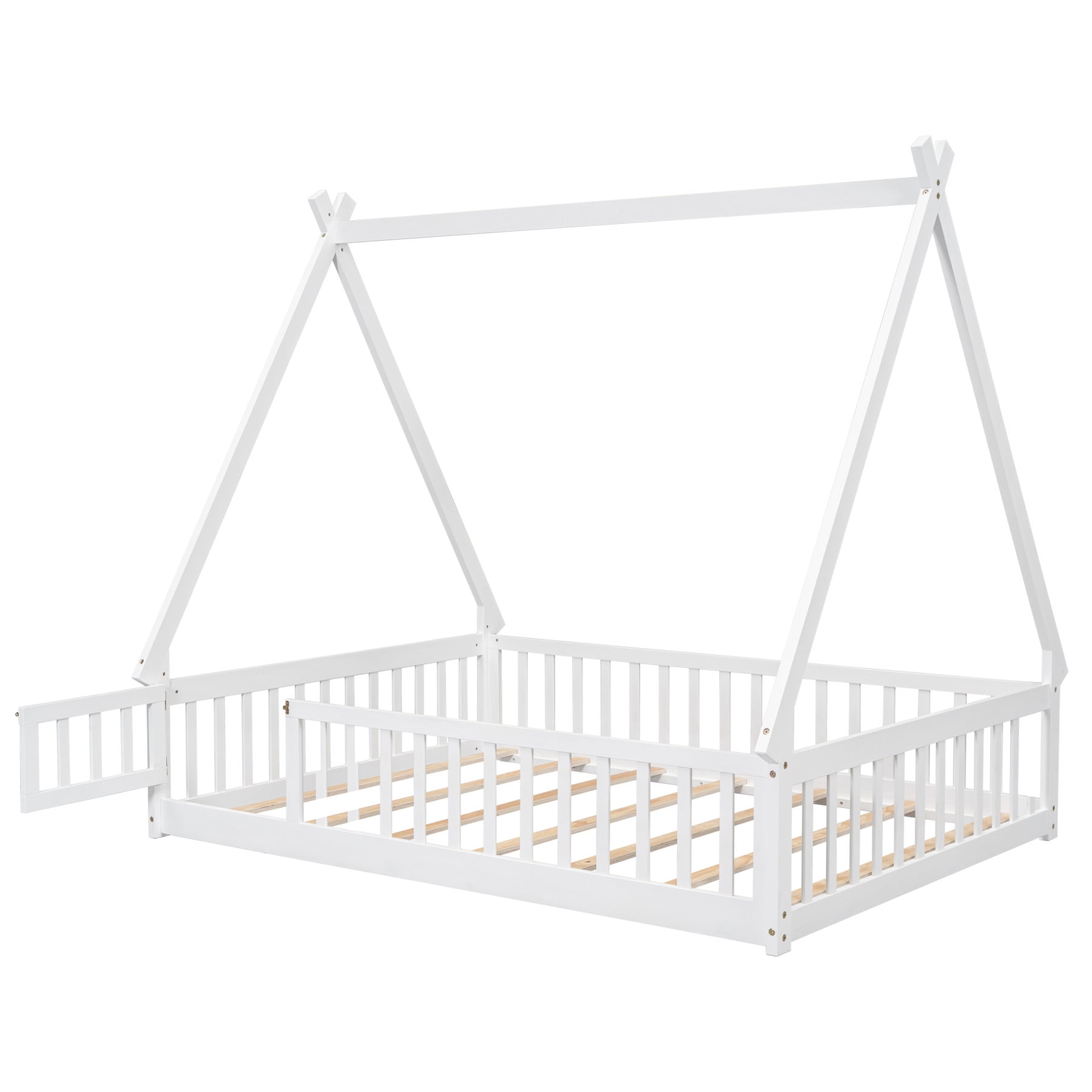 Tent-Shaped Floor Bed, Twin Size Montessori Floor Bed with Full-Length Guardrail and Door for Kids Girls Boys, Wooden Slat Support, Grey