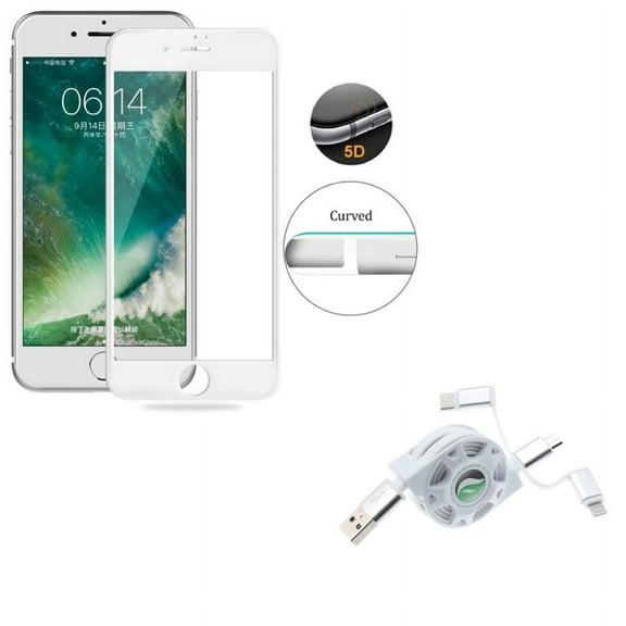 iPhone 8/7/6S/6 - Retractable USB Cable w Tempered Glass Screen Protector - Charger Power Cord 3-in-1 Wire, 5D Touch Curved Edge Full Cover Bubble Free Case Friendly for iPhone 8/7/6S/6