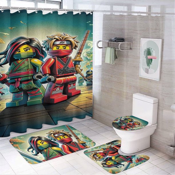 Juego de 4 cortinas de ducha Ninjago con alfombrillas antideslizantes, tapa de inodoro y alfombrilla de baño, cortina de ducha impermeable con decoración de dibujos animados para baño con 12 ganchos,