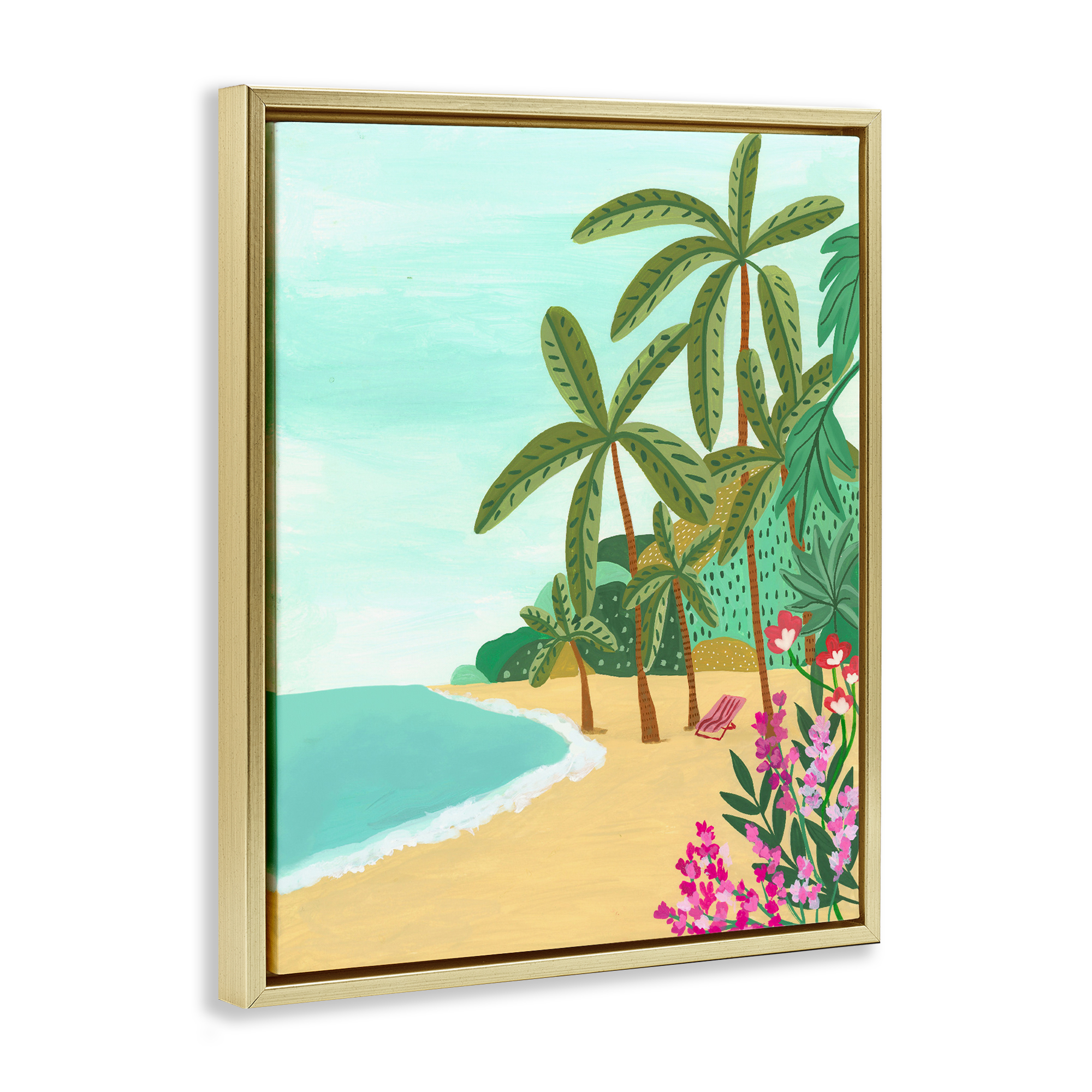 Palm Filled Shoreline Gold Framed Floater Canvas Wall Art, design by Nabeela Rumi