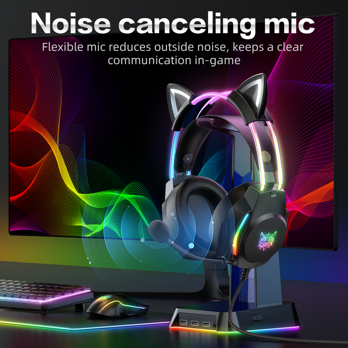 ONIKUMA Cat Ear Gaming Headset with Mic for PS5, Xbox, Switch & PC, RGB Wired Gaming Headphones with Surround Sound