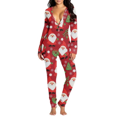 

Women s Christmas Onesie Pajamas Sexy Deep V Neck Butt Flap Comfy Bodysuit Long Sleeve One Piece Jumpsuit Rompers PJs Womens Clothes