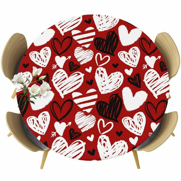 Red Valentines Round Tablecloth 36-44 Inch Round Fitted Table Cloth with Elastic Edge, Black White Love Heart Waterproof Table Cover Protector for Outdoor Picnic Party Dining