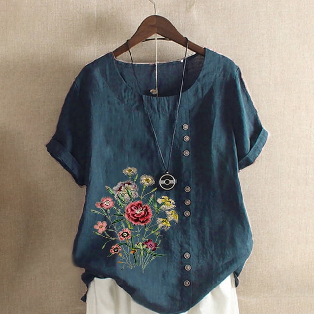 Qiopertar Chemise Décontractée d'Été pour Femmes, Col Rond, Manches Courtes, Imprimé Floral, Ample, en Solde, Livraison Gratuite