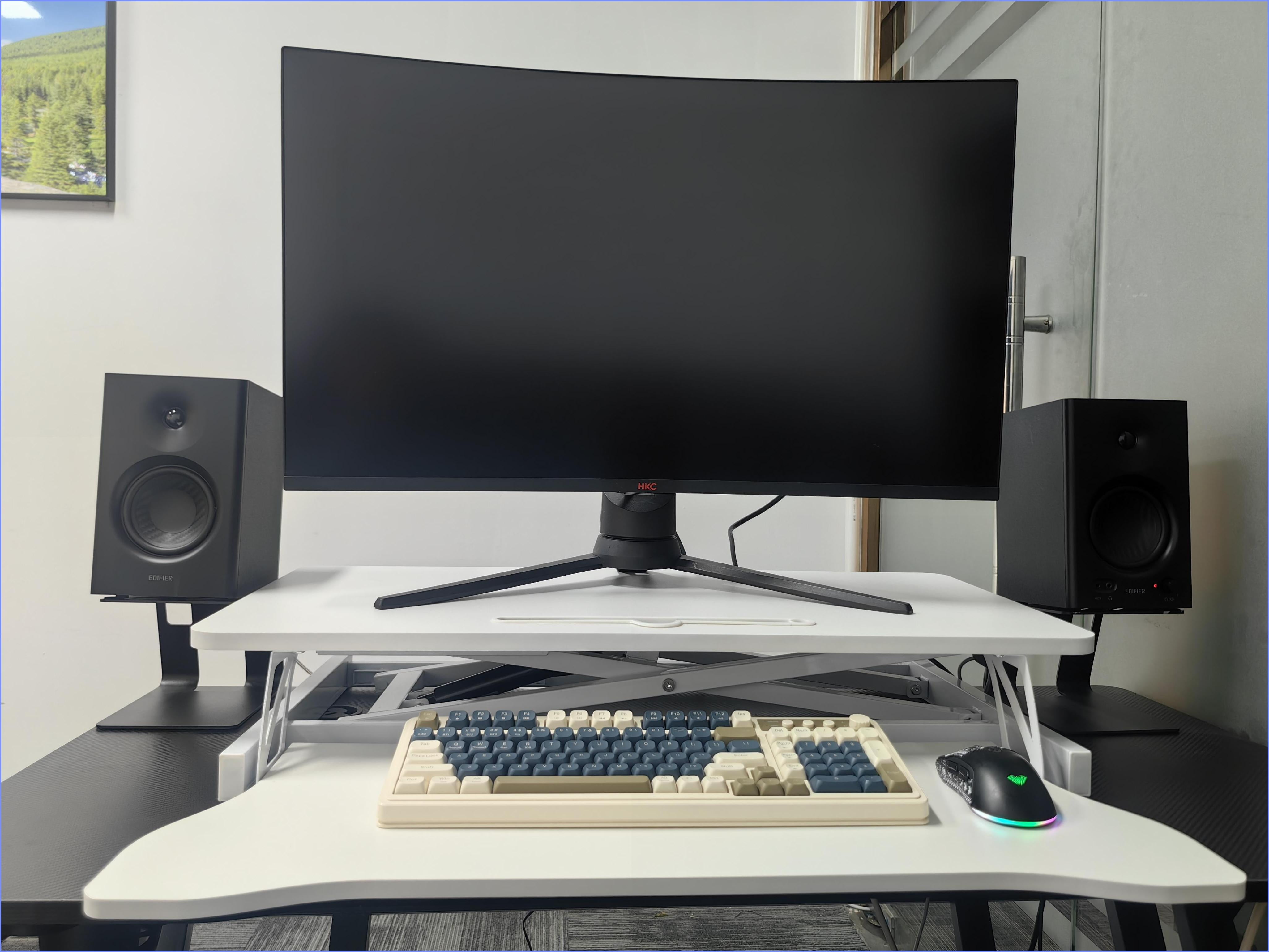 Desk Converter, 31.5”x15.7” Height Adjustable Sit to Stand Riser with Wide Keyboard Tray, Dual Monitor/Laptop Workstation | White | MDF+Metal