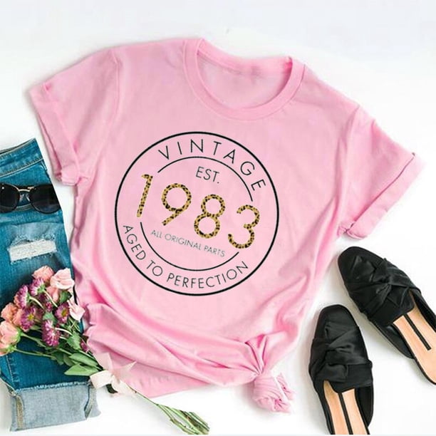 Vintage 1983 Birthday Shirt, Leopard Vintage 39th 100% Cotton Top Tee Funny Letter Print Graphic O Neck Mama Mother Tshirt y2kS Gao Jinjia LED