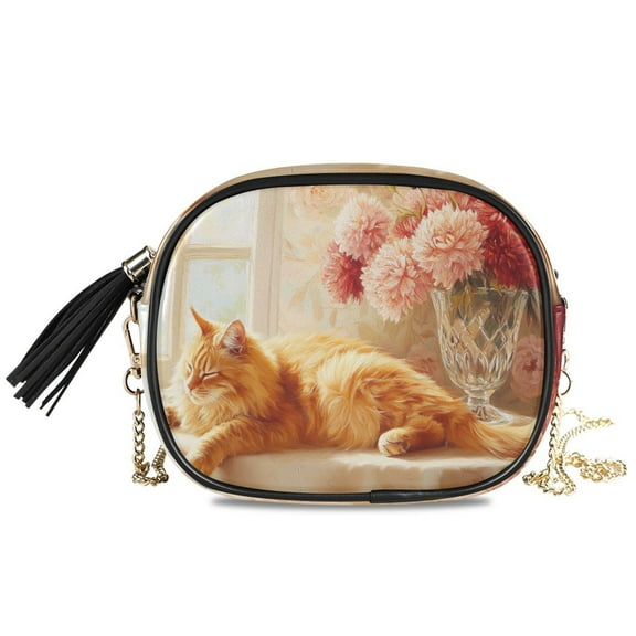 Womens Casual Chain Shoulder Bag Simple style Cat Sleeping Beside Flowers Crossbody Bag