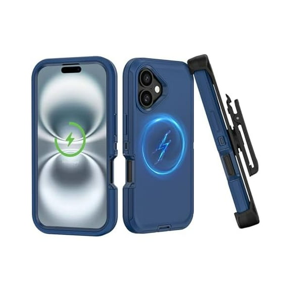 YJJSKEJI Compatible with iPhone 16 Plus Case, with Belt Clip Holster Heavy Duty Rugged Magnetic Wireless Charging Full Body Protection Kickstand Cover for iPhone 16 Plus 6.7 inch Phone (Navy Blue)