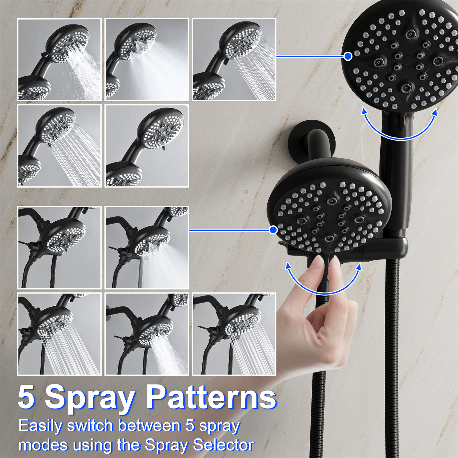 ANGELES HOME Bathtub Shower Faucet Set with Tub Spout, 3-in-1 Dual Shower Head System with Handheld Spray Combo, 5-Mode, Valve Trim Kit, Matte Black