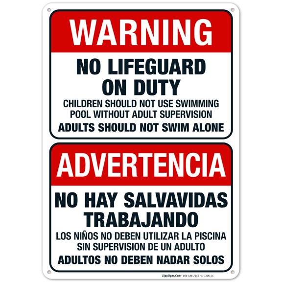 No Lifeguard On Duty Bilingual Sign, 10x14 Aluminum