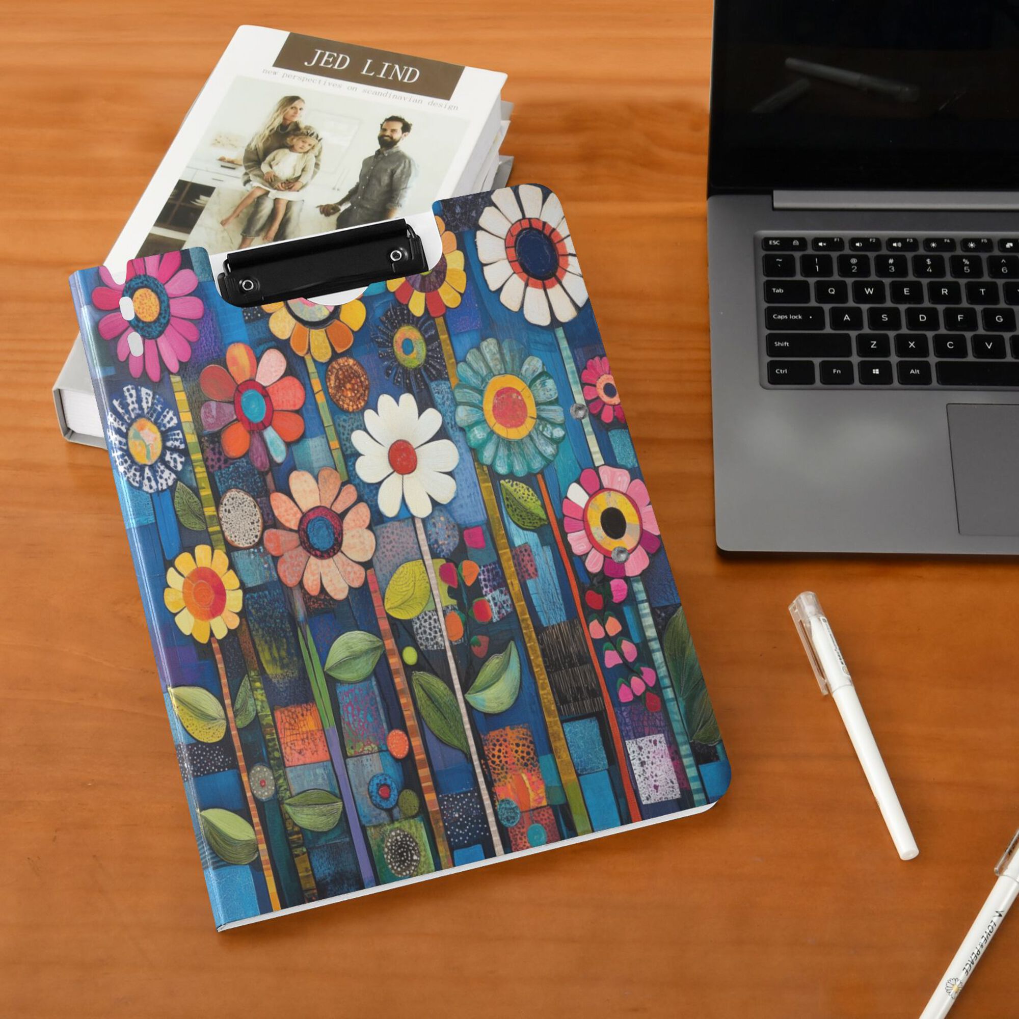 FORMRS A4 Clipboard Folder with Pen Holder Horizontal Foldable School Office Binder, Blue Colorful Flowers