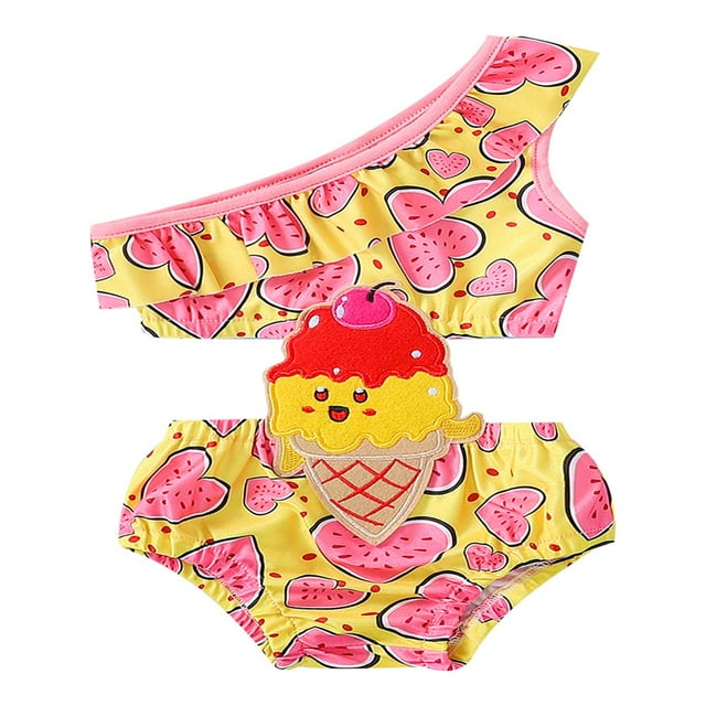 Infant Girls Ruffled Swimwear One Shoulder Ice-Cream Print 2Pcs Patchwork Beachwear Biniki Suit Yellow 2-3 Years
