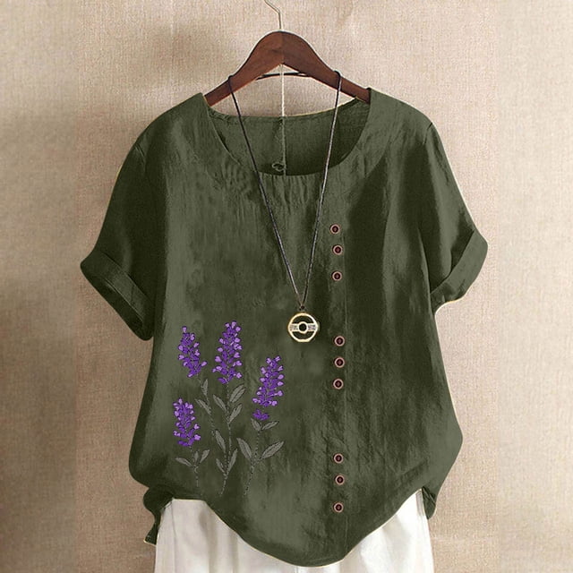 Women's Casual Linen Top Printed Short Sleeve Button Blouse Soft Polyester Comfortable T-Shirt for Daily Wear Work Vacation Party Spring Summer Fall Fashion