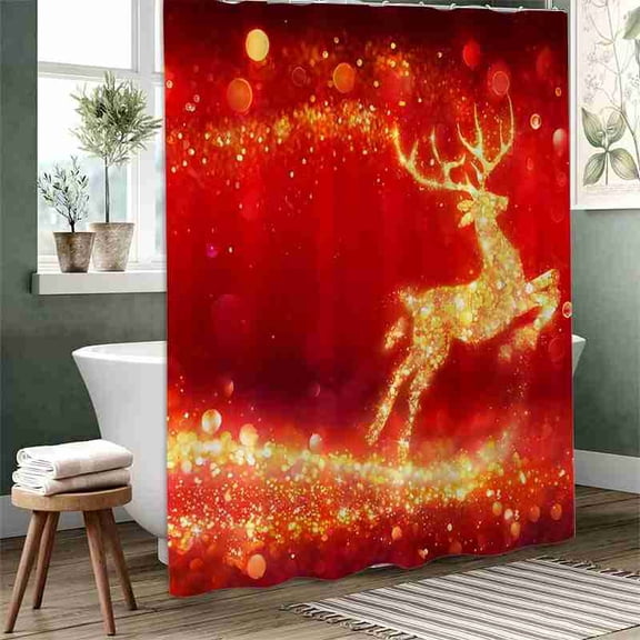 70x70 inch Red and Gold Glitter Christmas Reindeer Shower Curtain, Waterproof Polyester Fabric with Hooks for Bathroom Decor