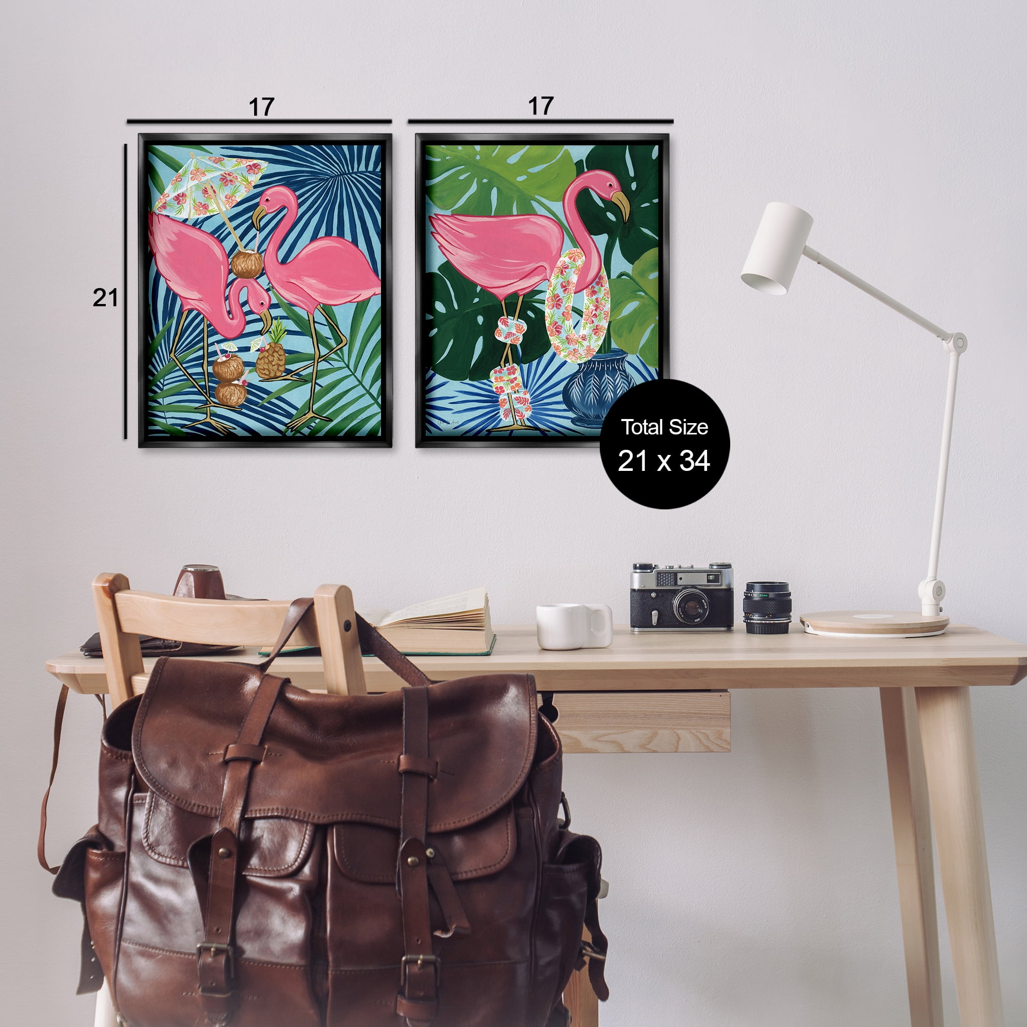 Stupell Industries Happy Hour Flamingos Animals Painting Black Floater Framed Canvas Art Print Wall Art, 17 x 21, Set of 2
