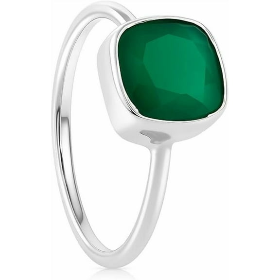 Sterling Silver 925 Green Onyx Cushion-Cut Solitaire Ring for Women – Minimalist Birthstone Jewelry, Stackable Gemstone Ring