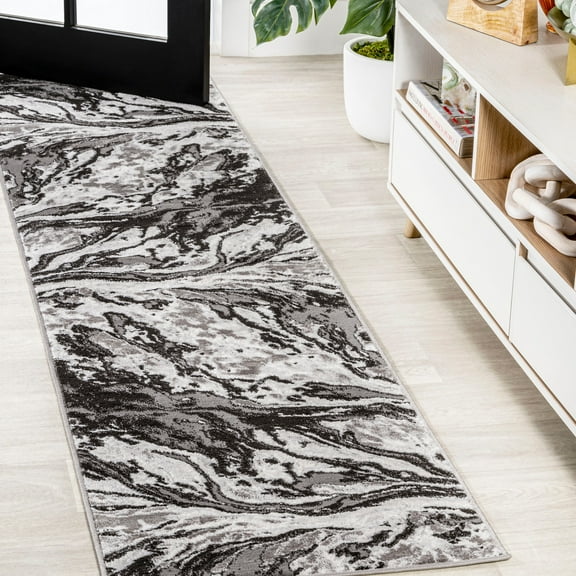 JONATHAN Y SILK ORCHID 2 x 10 Runner Rug, Swirl Marbled Abstract - Black/Ivory, SOR203E-210