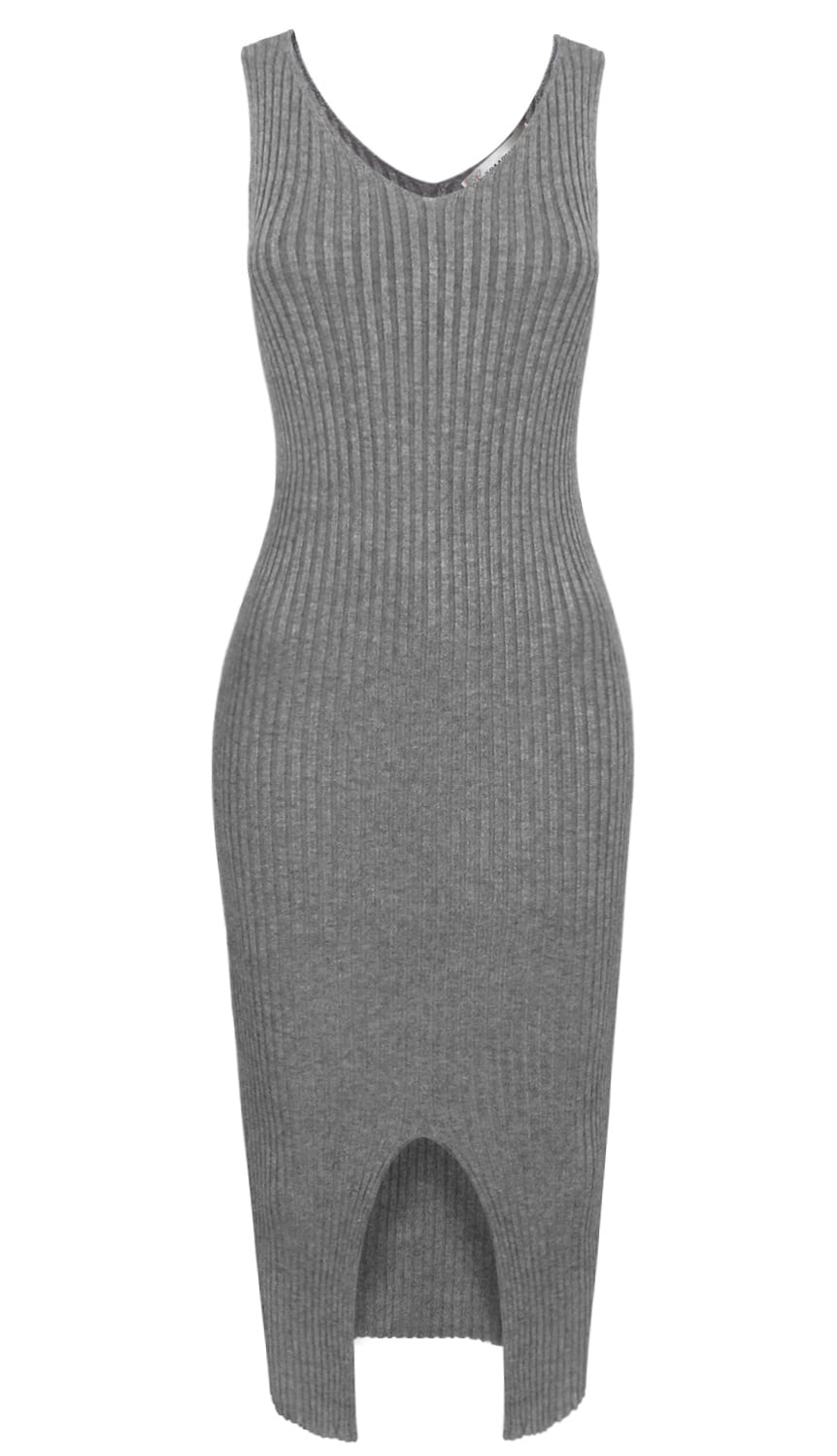 TAM WARE Women Elegant Front Slit Sleeveless Knit Bodycon Midi Dress ...