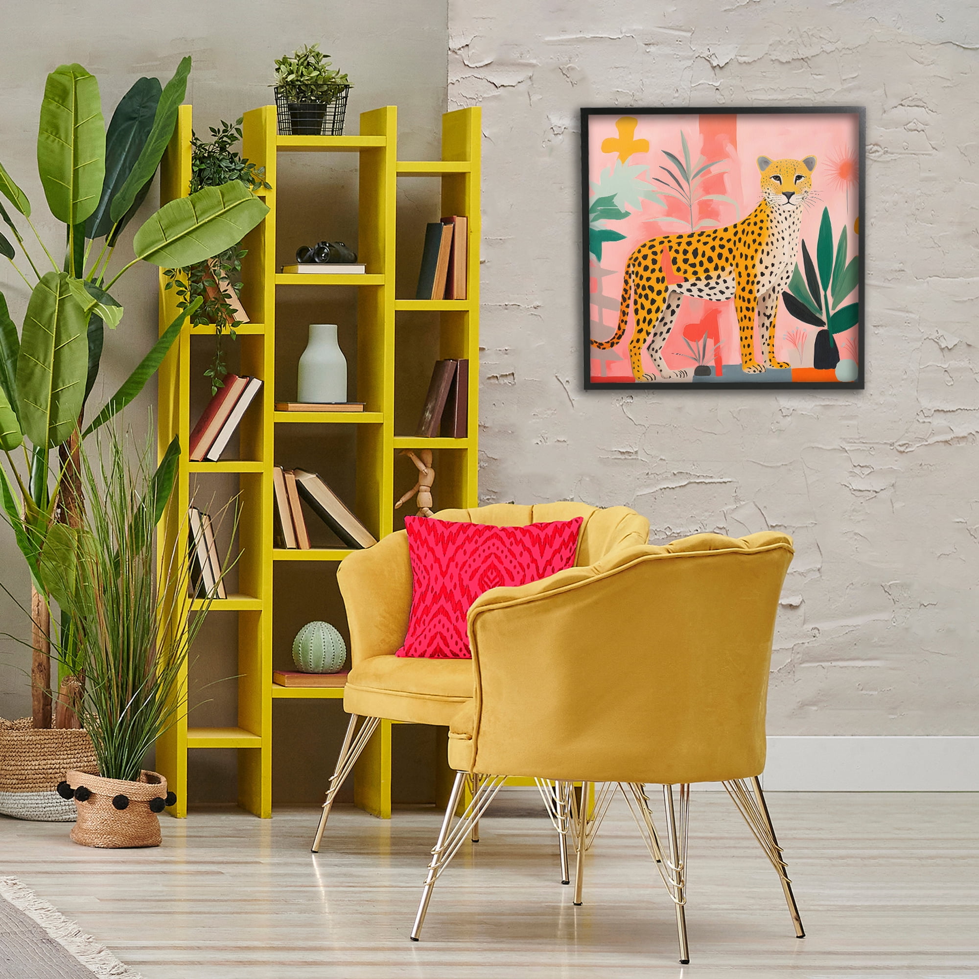 Stupell Industries Standing Leopard & Plants Animals & Insects Painting Black Framed Art Print Wall Art, 24 x 24