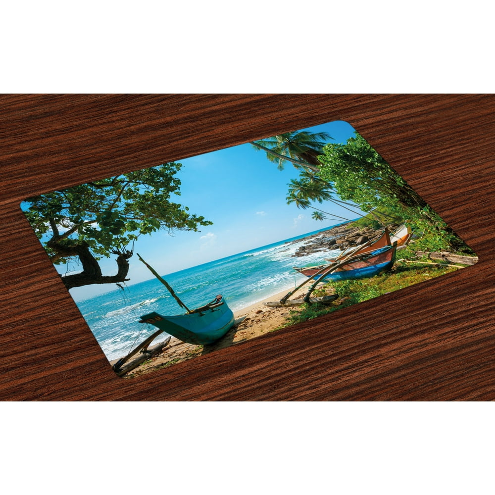 Beach Placemats Set of 4 Tropical Ocean Scenery with Palm Trees and
