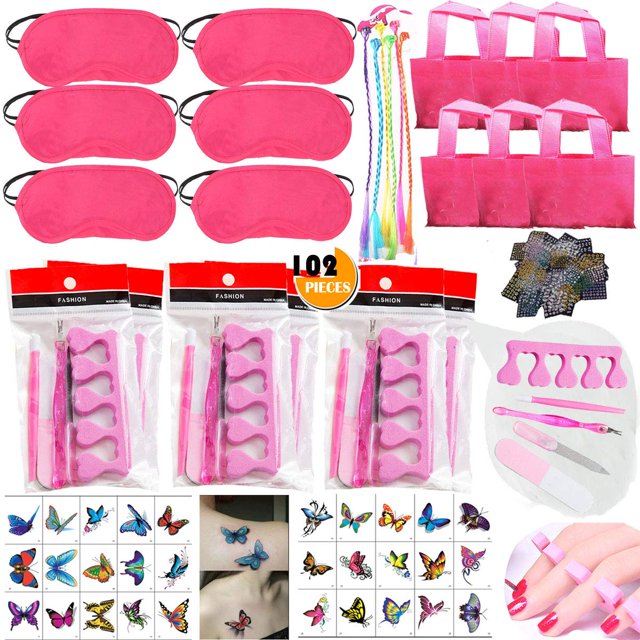 102 piezas de recuerdos de fiesta de spa para niñas y mujeres, múltiples suministros de spa, regalo de cumpleaños, máscaras de spa, bolsas de mano, extensiones de cabello de colores, mariposa corporal