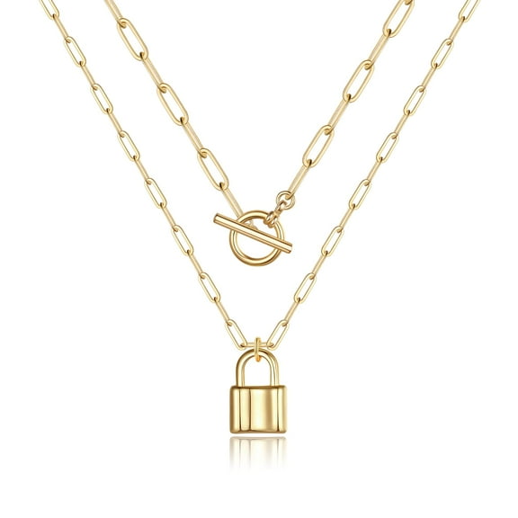 Turandoss Layered Lock Necklaces for Women 14K Gold Plated Toggle Clasp Paperclip Chain Necklace Mini Lock Pendant Necklace Gold Jewelry Padlock Link Chain Necklace for Women Jewelry Gifts