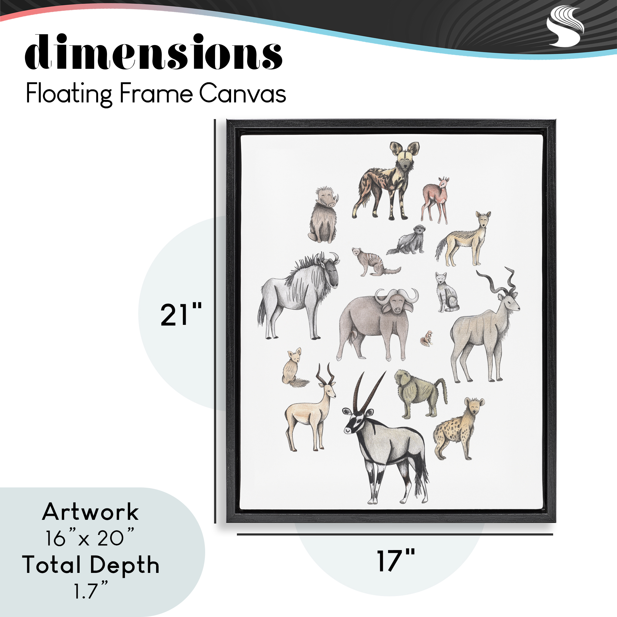 Simple Africa Animals Black Framed Floater Canvas Wall Art, design by Cecilia Battaini