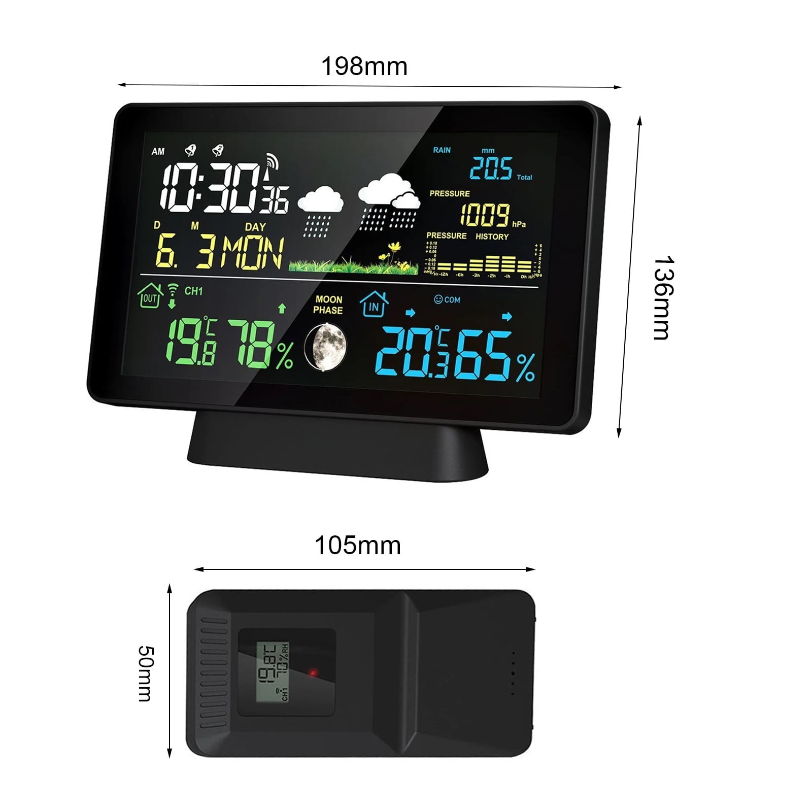 Indoor/Outdoor Wireless Weather Station Thermometer Time Date Radio Signal Air Pressure Moon Phase Rain Gauge Weather Forecast