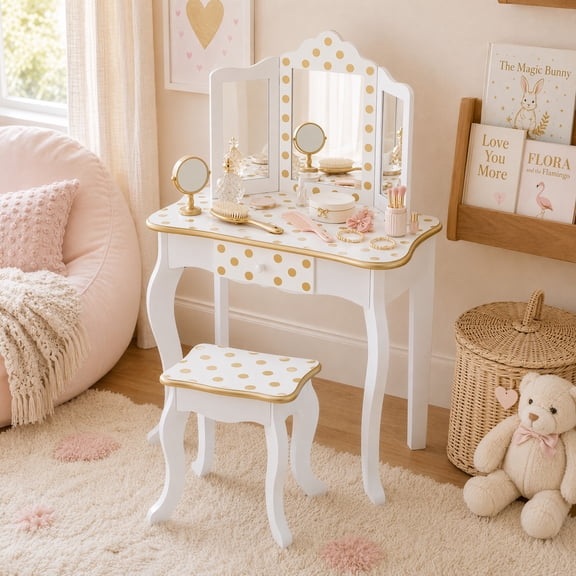 Teamson Kids Gisele Wooden Play Vanity Set with Tri-Fold Mirror, Storage Drawer, Matching Stool and Kids Makeup Table for Ages 3 , Gold & White