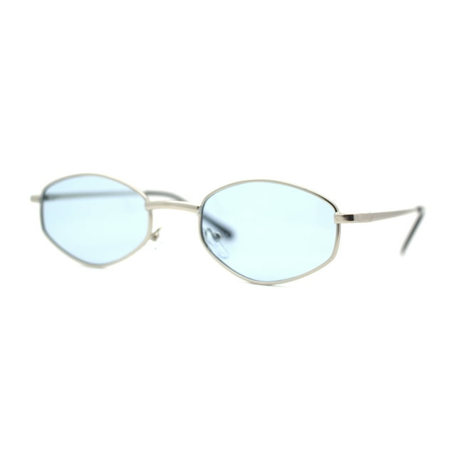 Narrow Hexagon Hippie Color Lens Metal Rim Dad Shade Sunglasses Silver Blue