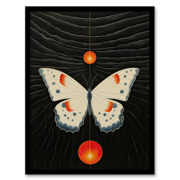 Chaos Theory Hilma af Klint Inspired Butterfly and Two Suns White Orange Grey Oil Painting Art Print Framed Poster Wall Decor 12x16 inch