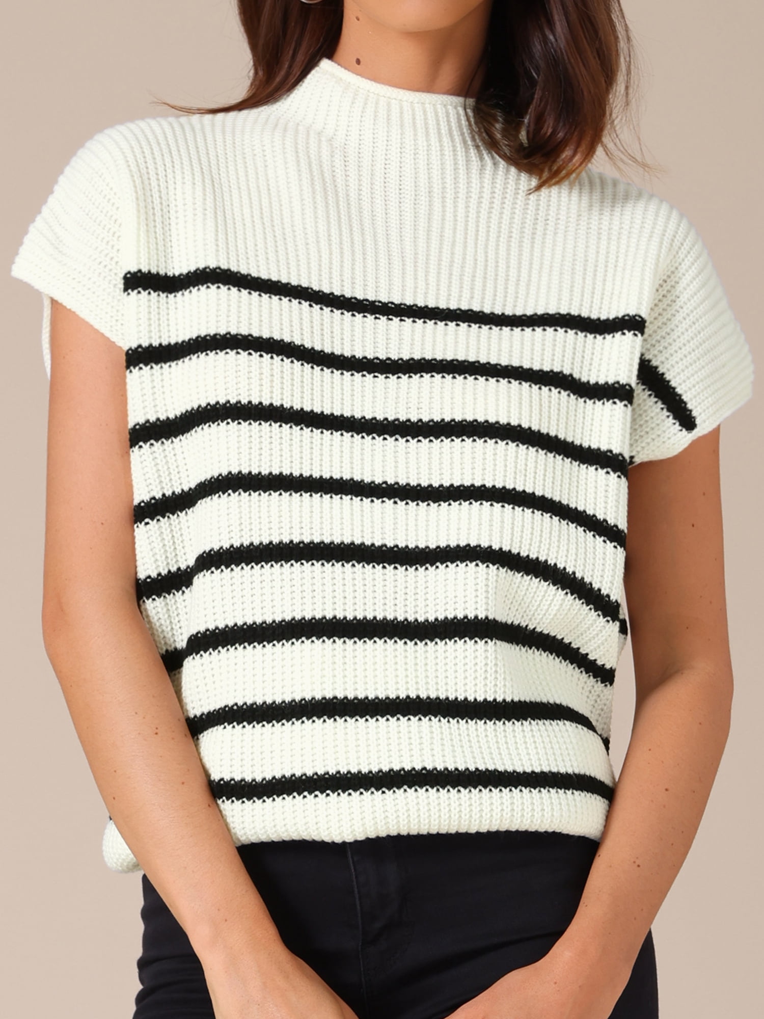 DARING DIVA Women's Mock Neck Striped Cap Sleeve Knit Tops L White