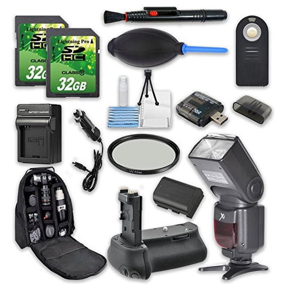 Super Accessory Kit For Canon Rebel 5D Mark III/5DS/5DS R with Battery Grip   Extra Battery   Flash   2 PC 32 GB SD Cards   Backpack