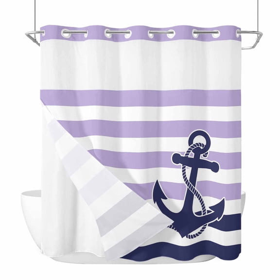 Anchor Purple No Hook Shower Curtain Waterproof,Bathroom Curtains with Snap in Liners and See Through Top Window,Modern Navy Blue White Striped Nautical Hotel Style Bathtub Curtains Shower 72"Wx78"L