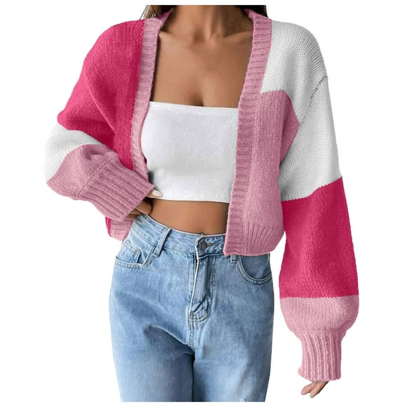 WUANDIXFA Women's Long Sleeve Cardigan Sweater Women Long Sleeve Open Front Knit Cropped Cardigan Sweaters Casual Drop Shoulder Short Sweater Coats Pink,S
